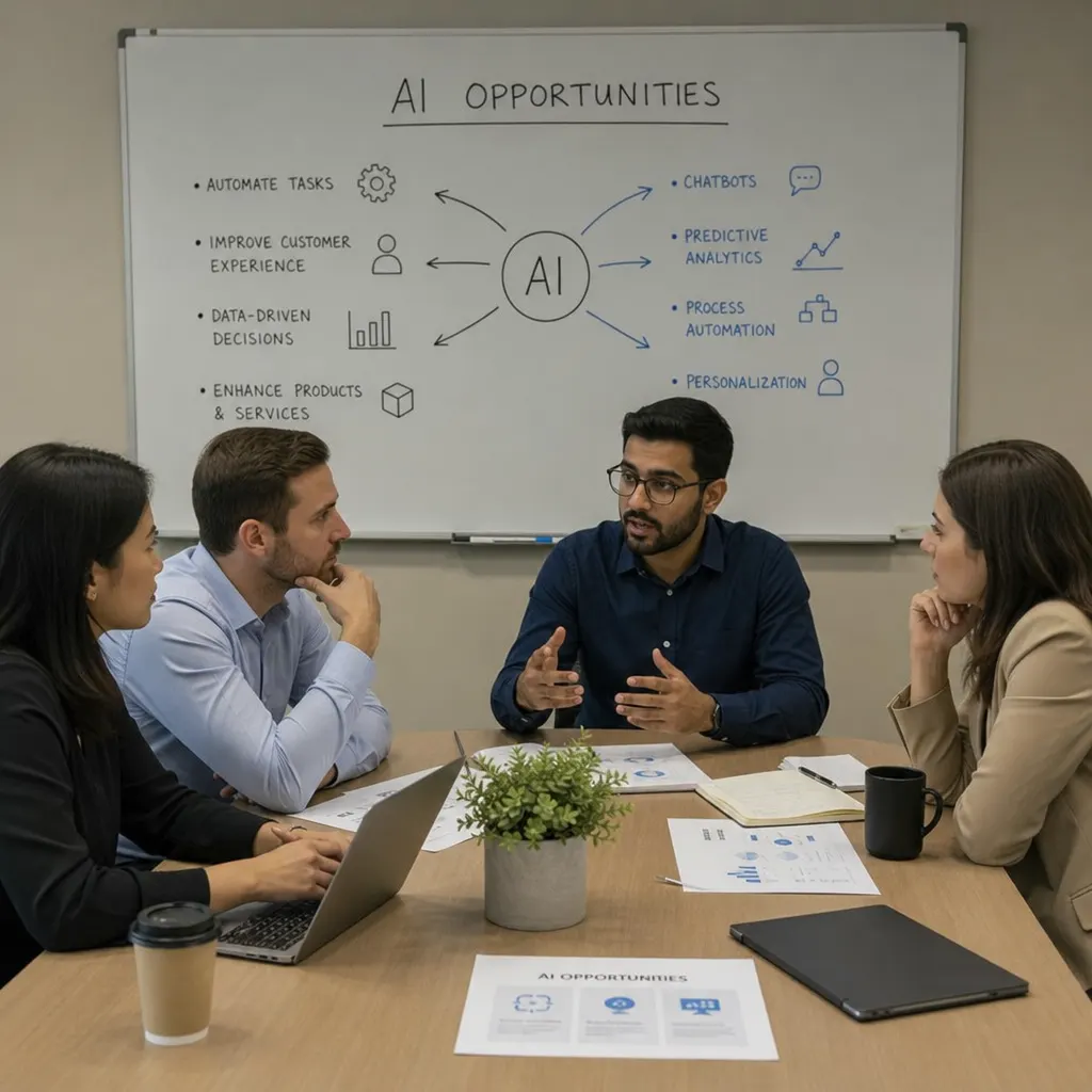 Business team gathered around a table discussing AI opportunities