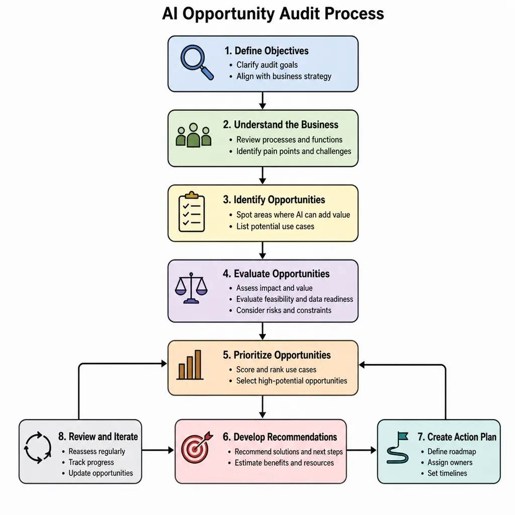 Flowchart showing stages of an AI opportunity audit