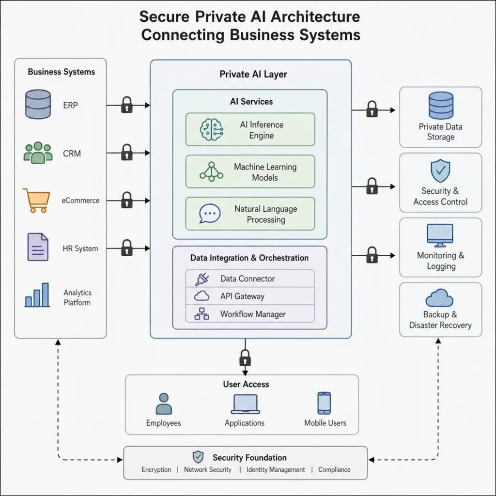 Secure private AI architecture linking approved data sources, access controls and business systems