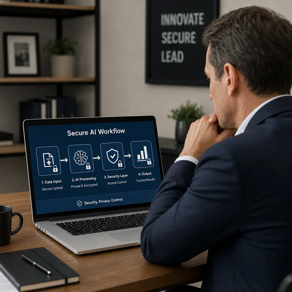Business leader reviewing a secure AI workflow on a laptop dashboard